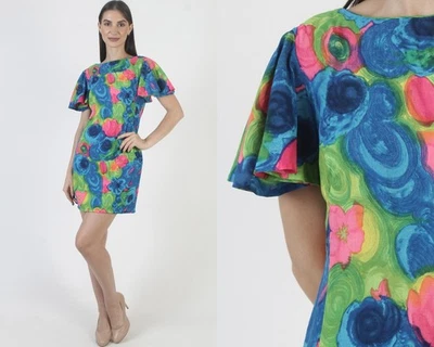 Vtg 60s Psychedelic Print Dress Trippy Mid Century Mod Scooter Micro Mini Skirt - Image 1 of 4