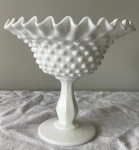 Vintage Fenton Milchglas Nagel Standfuß Kompott Süßigkeiten Schale mit gerafftem Rand - Bild 1 von 6