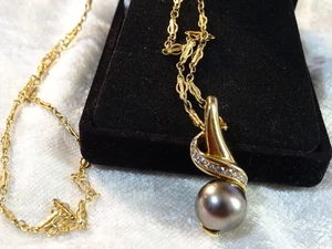 12mm Natürliche 14k Schwarze Südseeperle & Diamant Anhänger/14k Spitze 28" Kette - Bild 1 von 9