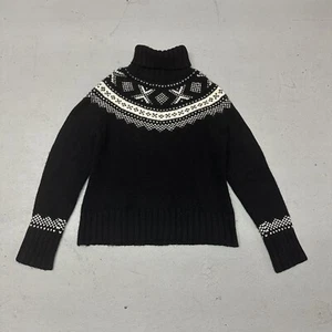 Gap Vintage Pullover Turtleneck Lambswool Sweater Womens L Black Fair Isle 90's - Picture 1 of 11