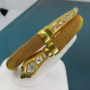 Solid Yellow Gold Vintage Snake Mesh Bracelet Rose Cut Diamonds Rubies - Picture 1 of 12