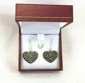 Genuine Marcasite Heart Sterling Silver Drop/Dangle Fishhook Earrings - Picture 1 of 11