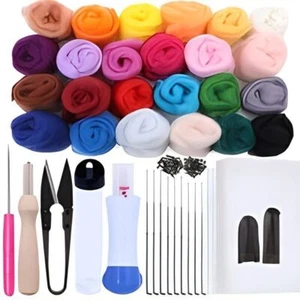 24 Color Wool Fibre Yarn Roving Needle Felting Starter Kit Needles Felt Mat Tool - Picture 1 of 11