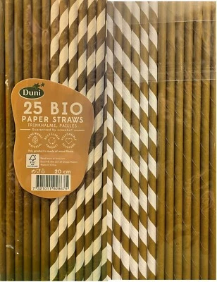 DUNI 25 Trinkhalme, Papier "pure" Ø6mm 20cm Gold / weiss "Stripes" Strohhalme Bio