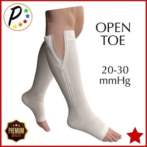 🔴 Calze Presadee Premium Punta Aperta 20-30 mmHg Ferme a Compressione Polpaccio Cerniera Bianche - Foto 1 di 8