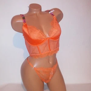 Victoria Secret Bra Set 38C Long Line XL Thong Panty Orange Shine Strap Hibiscus - Picture 1 of 11
