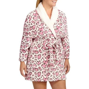 SUPERWEICHER KURZER MORGENMANTEL MIT SHERPA-KRAGEN DAMEN GROSSE XL ASCHE ROSA VIEL LEOPARD - Bild 1 von 1