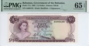 Bahamas 1/2 Dollar 1965 P#17a Printer:TDLR S/N A00135 Low Serial GU65 EPQ PMG - Picture 1 of 2