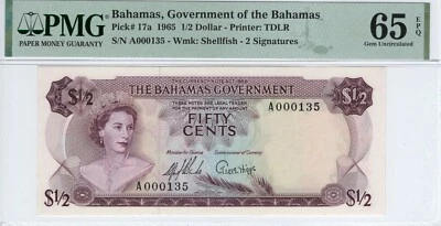 Impresora Bahamas 1/2 dólar 1965 P#17a: TDLR S/N A00135 serie baja GU65 EPQ PMG Foto 1 de 2