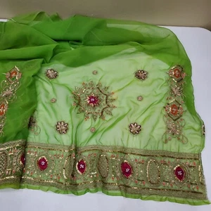 Indian Dupatta Wrap Lime Green with Pink Sequined Embroidery Georgette - Picture 1 of 6