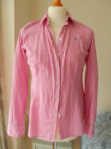 Crew Ladies Fitted Shirt Sz 12 Pink Check Tailored Cotton Lots of Details VGC - Picture 1 of 24