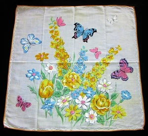 Vintage Hankie Floral & Colorful Summer Butterfly Hand Rolled - Picture 1 of 2