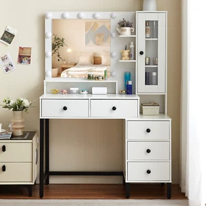 Schminktisch Großer 5 Schublade Frisiertisch mit Spiegel und Led-Beleuchtung Neu - Bild 1 von 12