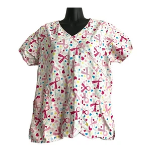 Dickies Womens Scrub Top Small V Neck Breast Cancer Awareness Ribbons White  - Picture 1 of 9