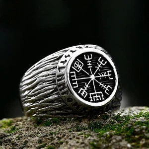 Vintage Wikinger Kompass Runen Ring Edelstahl Herren Rund Siegelring Bikerring - Bild 1 von 4