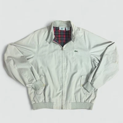 Chaqueta de bombardero vintage años 80 Lacoste Izod forrada de franela - Grande beige cuello con botones Foto 1 de 4