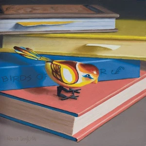 DANFORTH Canary With Books, 6x6 still life original realism oil painting - Picture 1 of 4