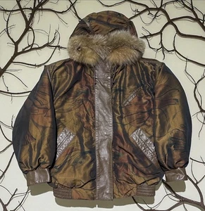 Chaqueta de bombardero vintage Marvin Richards J Percy XL capucha de piel camuflada hecha en EE. UU. - Imagen 1 de 5
