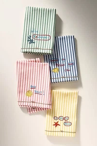 4 ANTHROPOLOGIE NATHALIE NETE BY THE SEA NAPKINS EMBROIDERED OCEAN SHELL NEW - Picture 1 of 6