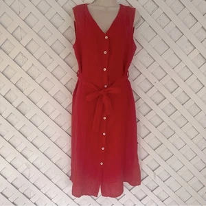 Vanessa Zani Made In Italy 100% Leinen Rot Sommer Ärmellos Midikleid Gürtel M - Bild 1 von 10