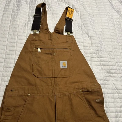 Mens NWT Carhartt Brown Canvas Relaxed Jeans Carpenters Bib Overalls Size 34X34 - Image 1 of 4
