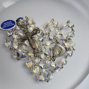 New Pewter Glass Crystal Heart Shaped Iridescent Glass Crystal Rosary Chapel - Picture 1 of 9