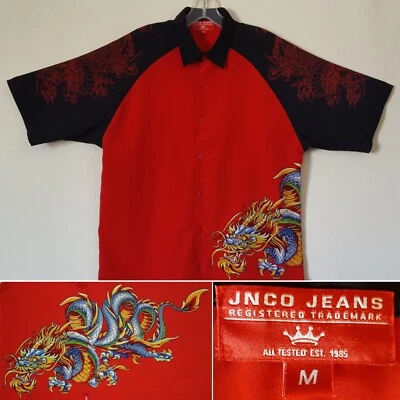 Camisa de campamento JNCO Jeans envolvente dragón chino en rojo y negro M abotonada Foto 1 de 4