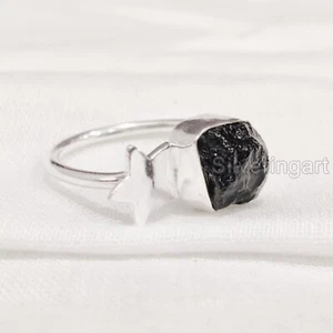 NATURAL BLACK TOURMALINE 925 STERLING SILVER STAR DESIGNS ADJUSTABLE WOMENS RING - Picture 1 of 5