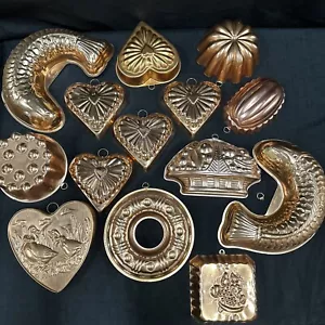 Set 14 Vintage Kupfer Gelatine Kuchen Brotformen Pfannen Fisch Herz Ente Obst rund - Bild 1 von 24