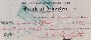 D.W. Griffith - signierter Bankscheck 1943 (Regie "Birth of a Nation" & Co-Foun.UA) - Bild 1 von 1