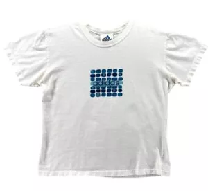 Camiseta corta blanca mediana vintage Adidas con gráfico de logotipo azul y marca icónica - Imagen 1 de 9