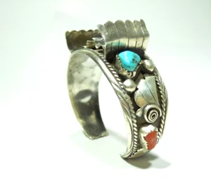 SOUTHWESTERN TURQUOISE & RED CORAL WATCH CUFF BRACELET 925 STERLING SILVER . - Picture 1 of 16