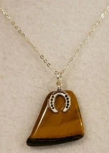 Silver Tone Horseshoe w/Polished Stone Pendant on Silver Tone Chain Necklace - Picture 1 of 4