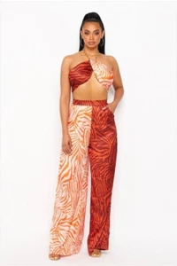 2 piece outfit set women's clothing burgundy/orange/pink pants set - Picture 1 of 3