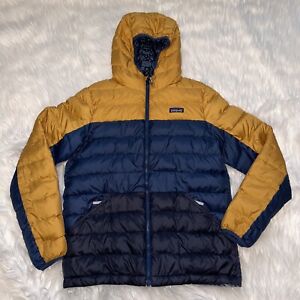 Patagonia Boys Reversible Down Sweater Hoody Blue/Yellow Puffer Coat Jacket