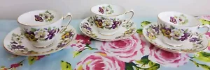 Vintage Bone China Crown Staffordshire Violets Pansy Teacup And Saucers Tea Set - Picture 1 of 8