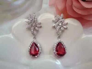 3Ct Pear Cut Lab Created Ruby Dangle Earrings in 14K White Gold Plated - Picture 1 of 4