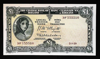 IRELAND REPUBLIC 1 POUND 1959 UNC LADY LAVERY RARE DATE LONDON CLAUSE - Image 1 of 2