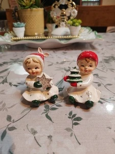 Vintage Napco Girl w/ Star & Boy w/ Tree Salt And Pepper 1959 Japan Christmas - Picture 1 of 17