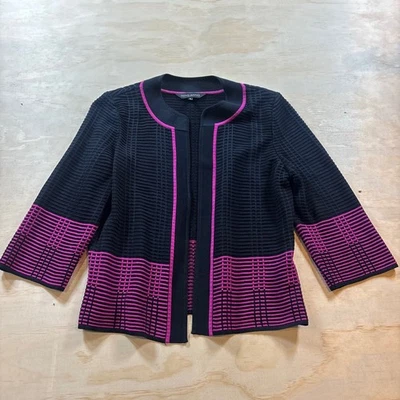 Ming Wang Knit Open Front Cardigan Black Purple Textured Cropped Sleeve Size S - Image 1 of 4