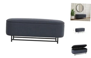 Ellipse Modern Storage Bench with Metal Legs Home Steel Blue Velvet - Picture 1 of 7