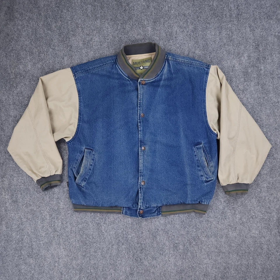 Mustang Jacket Mens XL Blue Denim Beige Canvas Bomber Snap Button Varsity Retro - Image 1 of 4