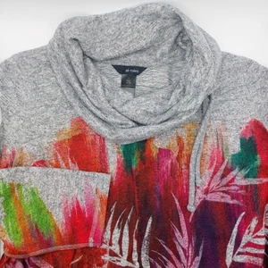 Ali Miles Brushed Leaf Print Cowl Neck Top Women's Large Multi-Color Drawcord - Picture 1 of 10