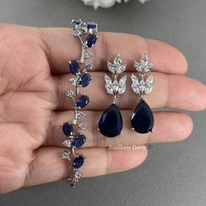 Mother of Bride Groom Jewelry Sapphire Blue CZ Bracelet Earrings Wedding Set - Bild 1 von 5