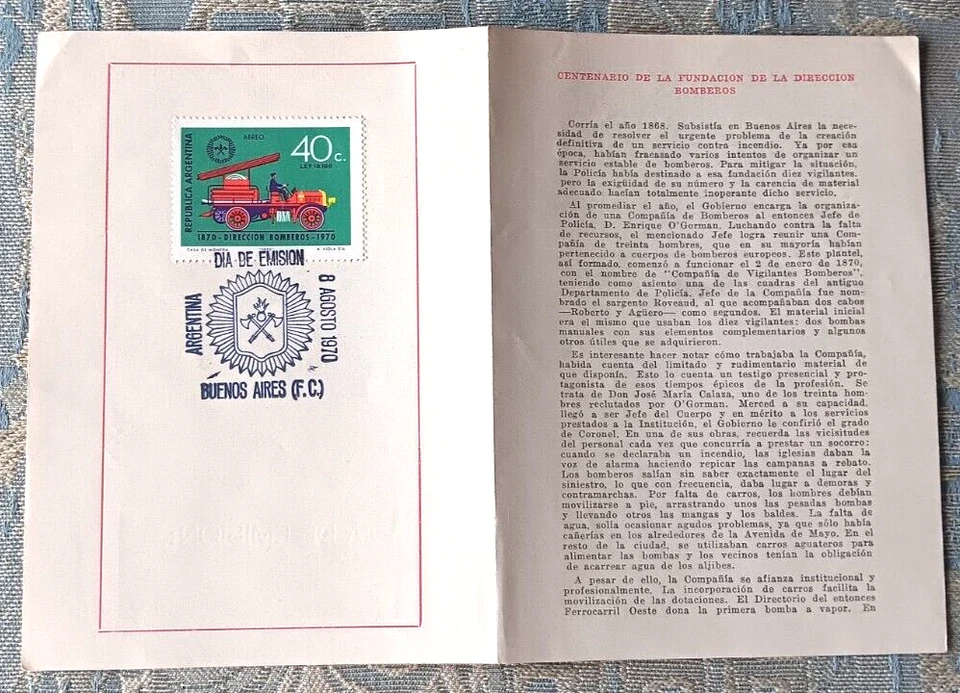 CAMIÓN DE BOMBEROS ARGENTINA CENTENRY OF BOMBEROS PRIMER DÍA FOLLETO 1970 EN MUY BUEN ESTADO UNADDR Foto 1 de 1