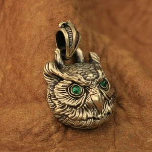 Green CZ Eyes Details Brass Owl Pendant Biker Punk Jewelry BR277A BZ - Picture 1 of 8