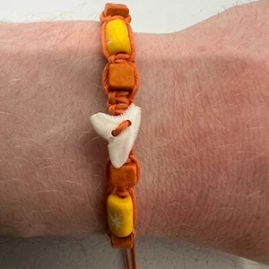 Shark Tooth Orange Yellow Wood Cotton Wristband Bracelet Bangle Womens Mens Boys - Picture 1 of 5