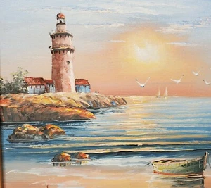 Lighthouse Seascape Oil Painting Sunset Boat Signed M Gartland Beach House Decor - Picture 1 of 12