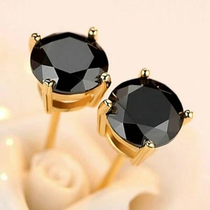 Pretty New Yellow Gold Filled 4 Prong Set 8MM Black Round CZ Stud Earrings II - Picture 1 of 4