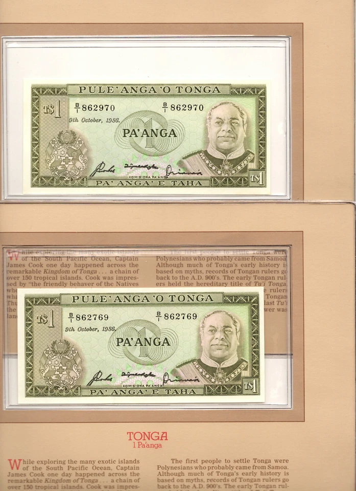 Most Treasured Banknotes Tonga 1 Paanga 1986 P-19c XF RARE DATE 2 Consecutive - Image 1 of 4